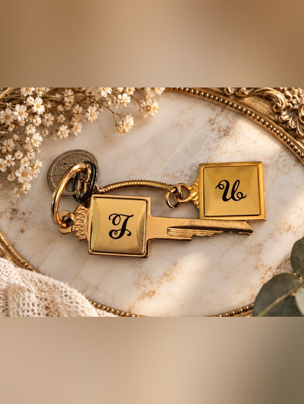 Vintage Cadillac Crown Key & Key Chain – J & U Monogram – Rare Collectible